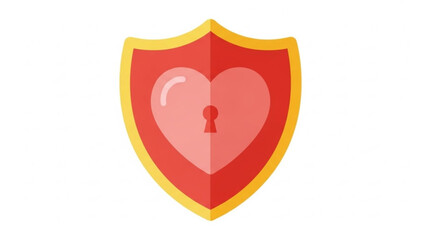 Fototapeta premium Red shield with heart and keyhole symbol of love protection and security flat vector illustration on white background