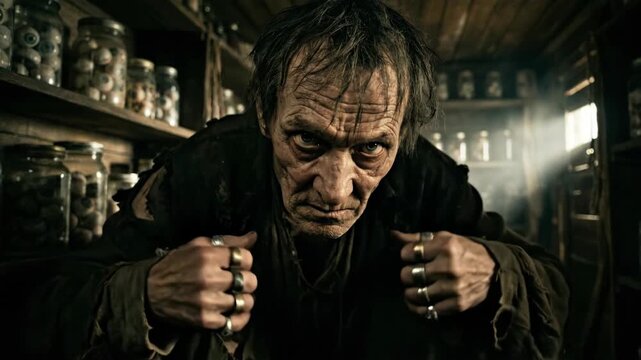 Old man in dimly lit apothecary leaning forward with intense gaze. Dark fantasy alchemist building tension with clenched fists. Mysterious sorcery and potion brewing sequence.