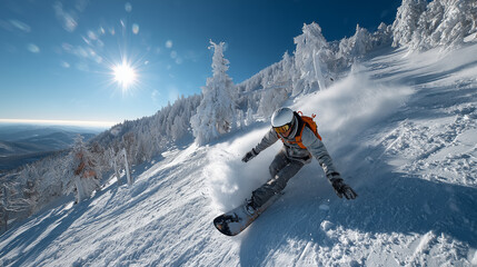 Snowboarder slides at ski slope. Man snowboarder riding on slope.