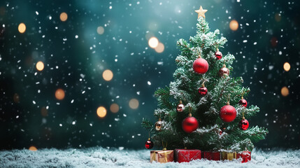 Christmas tree in forest. Christmas tree in snow covered pine woods at night