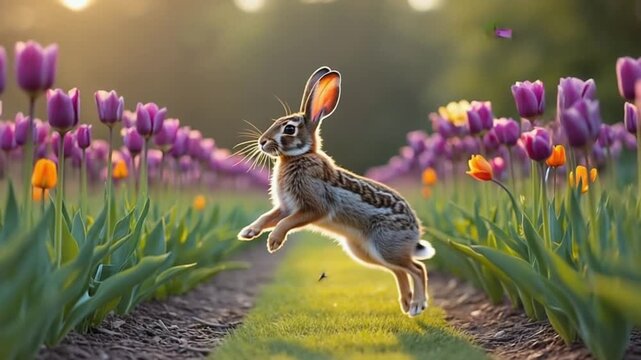 Playful Hare Jumping Through a Field of Purple and Yellow Tulips with Flying Butterflies, Whimsical Spring Garden Scene