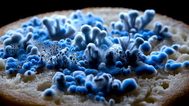 Macro time lapse of blue and white mold growing on bread forming a fuzzy spore landscape with dramatic lighting and intricate decay detail