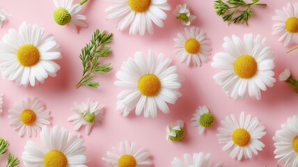 White daisy flowers, petals, and green leaves creating a delicate spring floral pattern background soft on pink