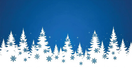 Fototapeta premium Winter Snowy Pine Forest Background with Falling Snowflakes, Christmas Holiday Landscape on Blue