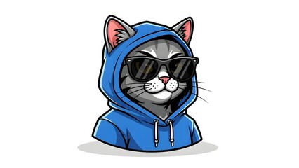 A stylish gray cat wearing a blue hoodie and reflective sunglasses, fun and modern cartoon design with streetwear style, isolated on white background, perfect for merchandise or prints