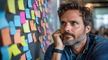 businessman uses sticky notes office brainstorming ideas
