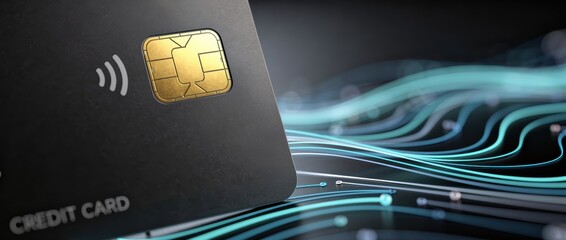 A sleek credit card featuring a chip, surrounded by flowing blue waves, symbolizing modern transactions and technology in finance.