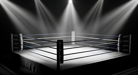 Empty boxing ring with bright spotlights illuminating the canvas in a dark arena, ready for a fight.