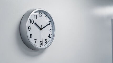 A simple wall clock displaying the time, featuring a white face, black hands, and a round grey frame against a light wall.