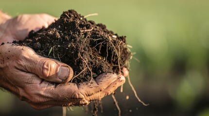 A close-up of hands holding rich, dark soil with roots, showcasing the importance of healthy earth in agriculture and gardening.