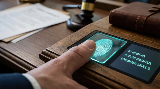 A hand scans a fingerprint on a biometric device, indicating access granted. Legal documents and a gavel are visible, suggesting a courtroom setting. - Powered by Adobe