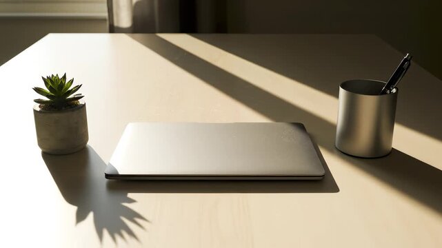 Laptop on table with plant and pen holder
