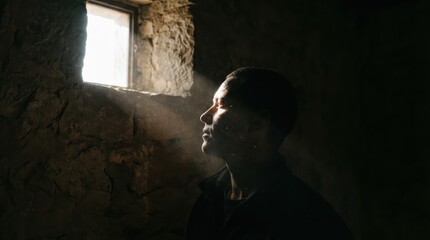 A contemplative man gazes towards a window, illuminated by soft light streaming through, creating a serene and introspective atmosphere.