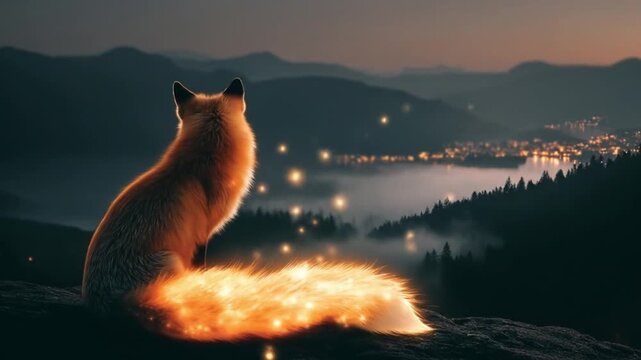 Fox with glowing tail sits on a cliff, overlooking misty valleys and distant lights at dusk tonight