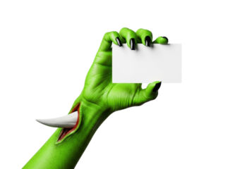 Severed neon green decaying zombie hand with white bone shard and high-gloss black nails, presenting a blank white business card mockup on a transparent background. Spooky marketing and halloween