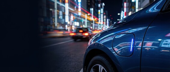A sleek blue car is parked on a vibrant city street illuminated by colorful neon lights, showcasing a dynamic urban nightlife scene.
