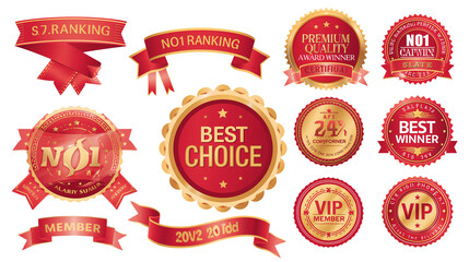 Collection of red and gold award ribbons, badges, and labels for quality and achievement