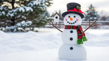 Obraz premium Snowman in winter landscape with birdhouse and festive hat