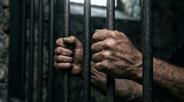 A close-up of hands gripping prison bars, capturing a sense of confinement and struggle in a dimly lit environment.