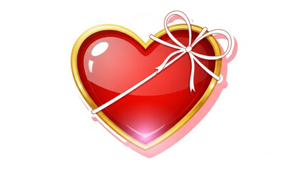 Red heart with golden border and white ribbon symbol of love and gift isolated on white background
