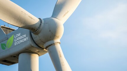 A close-up of a wind turbine showcasing its structure with a "Low Carbon Economy" label, highlighting renewable energy.