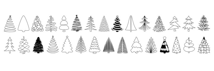 Christmas tree black and white illustrations. Fir tree line drawing, vector icon. Holiday design elements are isolated on white.