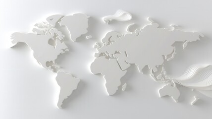 White paper cut world map a light blue background, creating a 3d effect continents and waves ocean