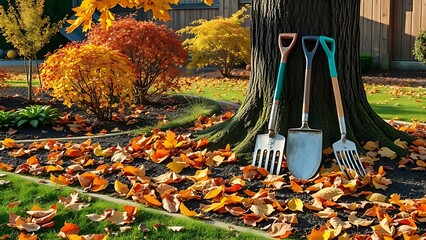 Autumn garden scene with fallen leaves and gardening tools resting against a tree, warmed by golden light.