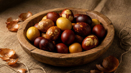 Obraz premium Rustic Wooden Bowl Filled with Onion Dyed Eggs