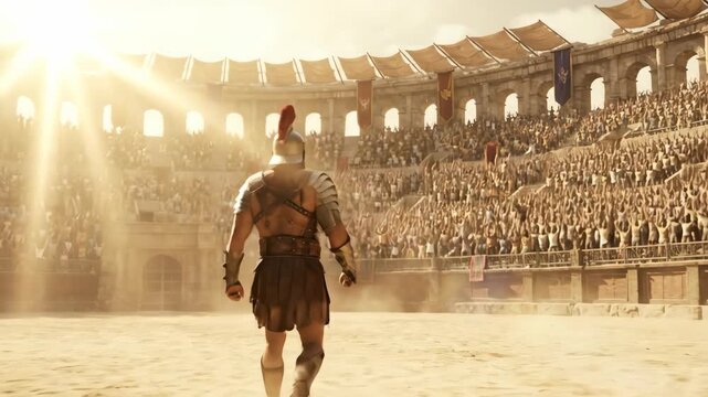 Gladiator entering ancient colosseum arena. Armored man in plumed helmet walking towards sunlit battleground. Roman warrior sequence with crowd and dramatic dust atmosphere.