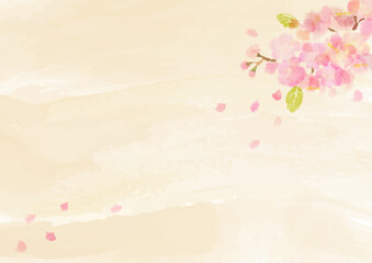 水彩の桜とベージュの和紙背景素材