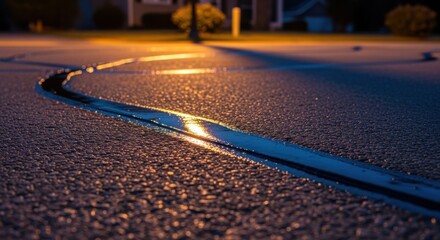 Evening shot revealing reflective sheen of fresh hotpour rubberized crack sealant on asphalt driveway under lamp light.