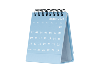 Desktop calendar for August 2026 in blue colour. Mini planner for business and finance, spiral view on isolated white background close up.