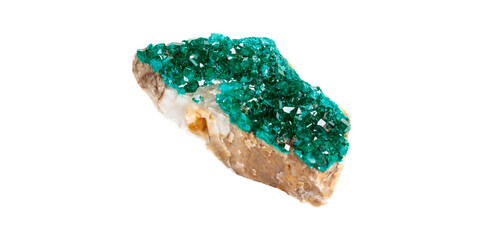 Raw dioptase mineral specimen with transparent crystalline structure. Beautiful natural gemstone sample from copper deposits, featuring vivid emerald-green coloration and matrix texture.