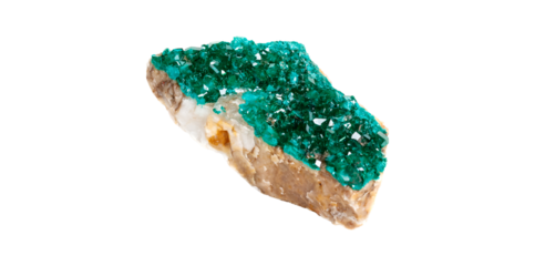 Raw dioptase mineral specimen with transparent crystalline structure. Beautiful natural gemstone sample from copper deposits, featuring vivid emerald-green coloration and matrix texture.