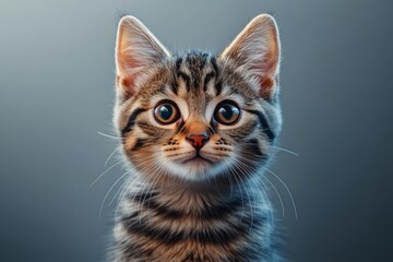 Fototapeta premium Charming Tabby Kitten Portrait Adorable Feline with Expressive Eyes and Playful Personality on Gray