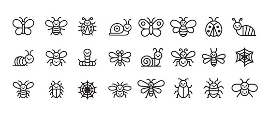 Set of cute butterfly, bee, ladybug, snail and other insect cartoon character icons © MDIKRAM