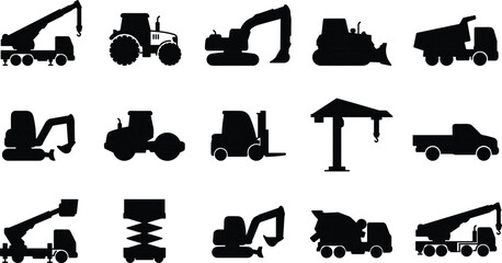 Construction machinery silhouettes featuring trucks, cranes, excavators, tractors, forklifts, loaders, mixers, and industrial heavy equipment icons for building and engineering projects © Saleha