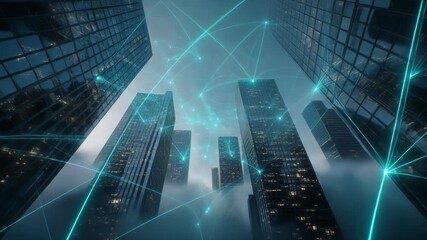 Low-angle shot of a futuristic cityscape with skyscrapers and a network of glowing blue lines and nodes against a dark, cloudy sky. - Powered by Adobe