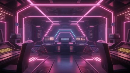 Futuristic control room interior with pink neon lights, computer screens, and a central console in a dark, high-tech space.