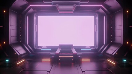 Futuristic control room with a large purple screen and sleek console in a dark, high-tech environment with neon accents. - Powered by Adobe
