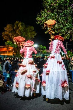 Santa Maria del Tule, Mexico - 03 November 2023: View of stilt walkers adorned in striking mushroom costumes, standing tall against the dark sky in Day of the Death cementary.