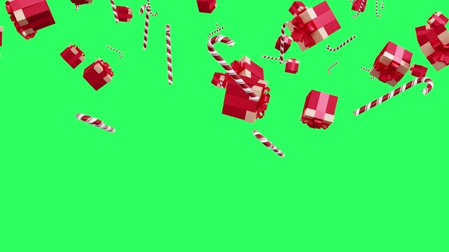 3D render  red gift boxes and candy canes on a bright green chroma key background. Festive Christmas and New Year composition for holiday design, advertising, greetings, and seasonal promotions.