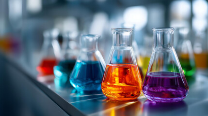 Colorful chemical solutions in Erlenmeyer flasks display, vibrant chemistry visualization, diverse experimental solutions, rainbow laboratory liquids, analytical chemistry aesthetics, with copy