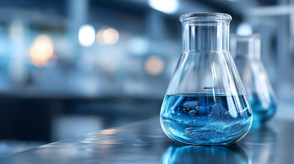 Laboratory setting with glass flask containing blue liquid on reflective surface during scientific experiment, chemistry research visualization, experimental solution display, with copy space