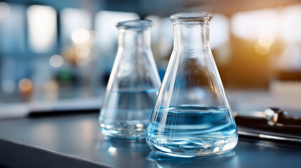 Two glass flask with water in chemical science laboratory education background, paired experimental apparatus, chemistry teaching materials, scientific education equipment, with copy space