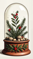 Decorative snow globe with pine and holly berries display  