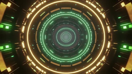 A futuristic circular graphic with green and yellow neon lights on a dark background with a symmetrical design and glowing accents. - Powered by Adobe