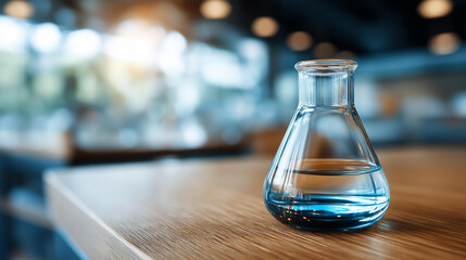 Clear glass flask with liquid on wooden table in science laboratory, chemistry experiment setup with clean solution, research and education environment with blur background, defocused facility,