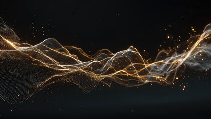 Abstract digital art of flowing lines with particles, in gradients of gold, white, and dark